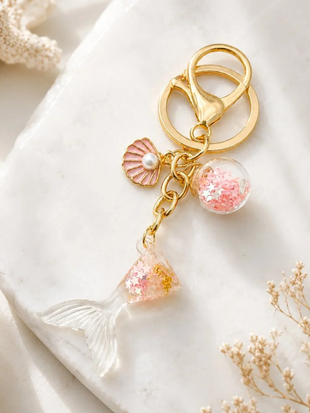 Mermaid‎ Tail Pink Enamel Keychain Bag Charm Faux Pearl Gold Plated Coastal NEW